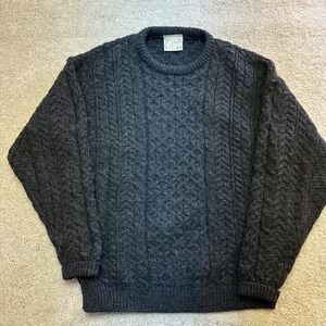 VTG Carraig Donn Mens Fisherman Cable Knit Sweater L Black Tweed Grunge Granola